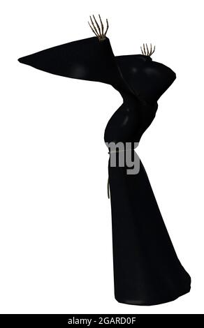 Digital gerendertes Skelett in schwarzer Kapuzenrobe, dunkler Reaper, 3d-Illustration. Stockfoto