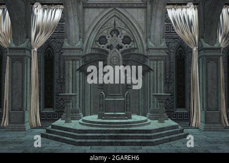 Digital gerendert leerer dunkler Thronsaal, 3d-Illustration. Stockfoto