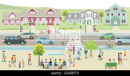 Stadt mit Häusern und Verkehr, Fußgänger auf dem Bürgersteig - Illustration Stock Vektor
