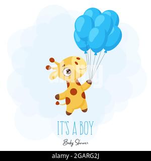 Baby Dusche Grußkarte mit niedlichen kleinen Giraffe fliegen auf blauen Luftballons. Lustige Zeichentrickfigur mit dem Satz „IT's a boy“. Farbenfroh, kindisch Stock Vektor