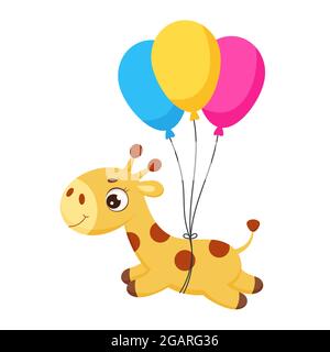 Baby Dusche Grußkarte mit niedlichen kleinen Giraffe fliegen auf Luftballons. Lustige Zeichentrickfigur für Druck, Grußkarten, Babydusche, Einladung, Wal Stock Vektor