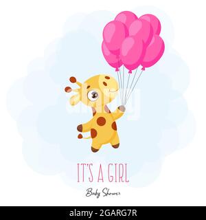 Baby Dusche Grußkarte mit niedlichen kleinen Giraffe fliegen auf rosa Luftballons. Lustige Zeichentrickfigur mit dem Satz „IT's a girl“. Farbenfroh, kindisch Stock Vektor