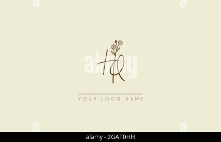 Anfangsbuchstabe HQ oder QH Unterschrift handgeschriebene Hochzeit botanischen floralen Symbol Logo Vektor Design Illustration Stock Vektor