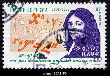 FRANKREICH - UM 2001: Eine in Frankreich gedruckte Briefmarke zeigt Pierre de Fermat, Mathematiker, Rechtsanwalt, Fermats Letztes Theorem, um 2001 Stockfoto