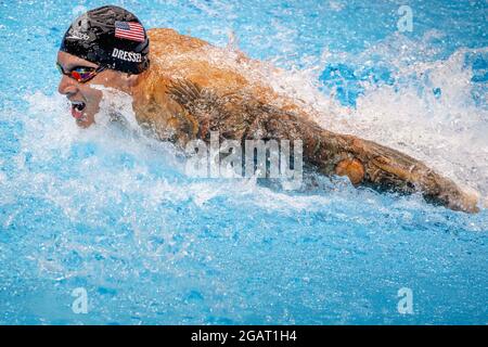 TOKIO - der US-Amerikaner Michael Andrew, der US-Amerikaner Ryan Murphy, Caeleb Dressel und der US-Amerikaner Zach Apple feiern die Goldmedaille im Finale der 4x100-m-Medley-Staffel der Männer beim Schwimmen und den Weltrekord bei den Olympischen Spielen in Tokio 2020 im Tokyo Aquatics Center in Tokio am 1. August. 2021. Foto von Robin Utrecht /ABACAPRESS.COM Stockfoto
