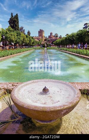 Brunnen und Pool im unteren Garten, Alcazar de los Reyes Cristianos, Cordoba, Provinz Cordoba, Andalusien, Spanien. Das historische Zentrum von Cordoba i Stockfoto