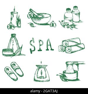 Illustrationen für Spa Salon. Kerzen, Öle, Enthaarung. Beauty-Therapie und Spa-Entspannung für Wellness-Vektor. Handgezeichneter Satz von SPA-Attributen. Stock Vektor