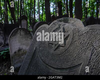 Warschau, Polen. 22. August 2019. Alte, verlassene und zerstörte Gräber auf dem Jüdischen Friedhof Warschau (Cmentarz Zydowki) Stockfoto