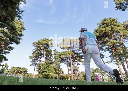 Saitama, Japan. August 2021. Hideki Matsuyama (JPN) Golf: Männer individuelle Stroke spielen Runde 4 18 Löcher während der Olympischen Spiele in Tokio 2020 im Kasumigaseki Country Club in Saitama, Japan . Quelle: AFLO SPORT/Alamy Live News Stockfoto