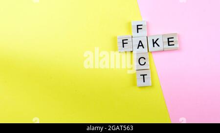 Ein Spielstein aus Wortbildung und Fälschung auf einem gelben und rosa Hintergrund. Selektiver Fokus auf das Wort Fake und Fact. Stockfoto