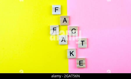 Ein Spielstein aus Wortbildung und Fälschung auf einem gelben und rosa Hintergrund. Selektiver Fokus auf das Wort Fake und Fact. Stockfoto