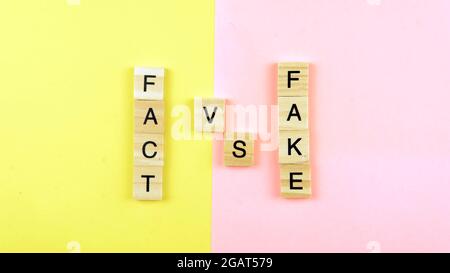 Ein Spielstein aus Wortbildung und Fälschung auf einem gelben und rosa Hintergrund. Selektiver Fokus auf das Wort Fake und Fact. Stockfoto