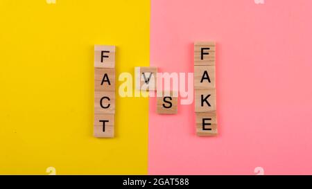 Ein Spielstein aus Wortbildung und Fälschung auf einem gelben und rosa Hintergrund. Selektiver Fokus auf das Wort Fake und Fact. Stockfoto