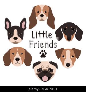 Set mit 6 Hundesymbolen mit der Schnauze eines Pugs, einer französischen Bulldogge, Jack Russel Terrier, Dachshund, Beagle und Cavalier King Charles Spaniel. Vektor-Abb. Stock Vektor