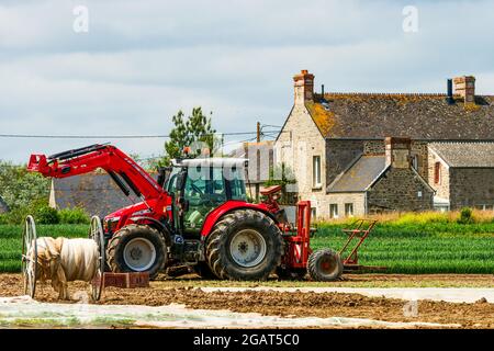 Traktor auf einem Bauernhof, Abteilung Manche, Cotentin, Normandie, Frankreich Stockfoto