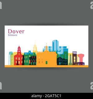 Silhouette der Stadtarchitektur von Dover. Farbenfrohe Skyline. Flaches City-Design. Vector Visitenkarte. Stock Vektor