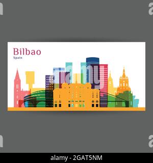 Bilbao Stadt Architektur Silhouette. Farbenfrohe Skyline. Flaches City-Design. Vector Visitenkarte. Stock Vektor