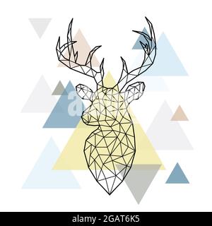 Abstrakter polygonaler Kopf eines Waldhirsches auf einfachem Dreiecke-Hintergrund. Skandinavischer Stil. Vektorgrafik. Stock Vektor
