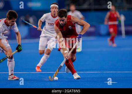 Tokio, Japan. August 2021. TOKIO, JAPAN - 1. AUGUST: Cedric Charlier aus Belgien während des Viertelfinalmatches des Olympischen Eishockeyturniers der Herren in Tokio 2020 zwischen Belgien und Spanien am 1. August 2021 im Oi-Hockey-Stadion in Tokio, Japan (Foto von Pim Waslander/Orange Picics) Credit: Orange Pics BV/Alamy Live News Stockfoto