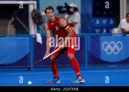 Tokio, Japan. August 2021. TOKIO, JAPAN - 1. AUGUST: Felix Denayer aus Belgien während des Viertelfinalmatches des Olympischen Eishockeyturniers der Herren in Tokio 2020 zwischen Belgien und Spanien am 1. August 2021 im Oi-Hockey-Stadion in Tokio, Japan (Foto von Pim Waslander/Orange Picics) Credit: Orange Pics BV/Alamy Live News Stockfoto