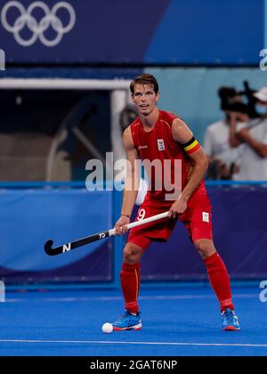 Tokio, Japan. August 2021. TOKIO, JAPAN - 1. AUGUST: Felix Denayer aus Belgien während des Viertelfinalmatches des Olympischen Eishockeyturniers der Herren in Tokio 2020 zwischen Belgien und Spanien am 1. August 2021 im Oi-Hockey-Stadion in Tokio, Japan (Foto von Pim Waslander/Orange Picics) Credit: Orange Pics BV/Alamy Live News Stockfoto