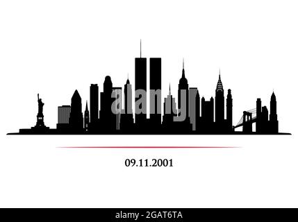 Skyline von New York City mit zwei Türmen. World Trade Center. 09.11.2001 American Patriot Day Jubiläumsbanner. Vektorgrafik. Stock Vektor
