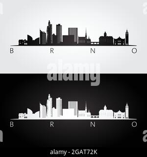 Silhouette der Brünner Skyline und Wahrzeichen, Schwarz-Weiß-Design, Vektorgrafik. Stock Vektor