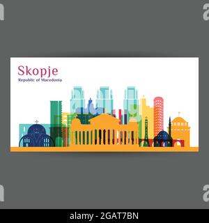 Silhouette der Stadtarchitektur von Skopje. Farbenfrohe Skyline. Flaches City-Design. Vector Visitenkarte. Stock Vektor