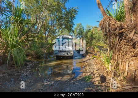 Toyota Coaster Bus Wohnmobil überquert einen Bach im Outback, Mornington Wilderness Camp, Gibb River Road, Kimberley Region, Western Australia, WA, Au Stockfoto