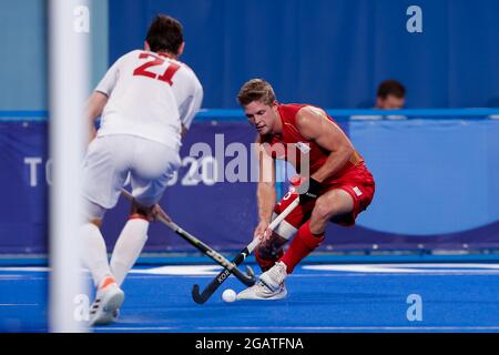 Tokio, Japan. August 2021. TOKIO, JAPAN - 1. AUGUST: Victor Wegnez aus Belgien während des Viertelfinalmatches des Olympischen Eishockeyturniers der Herren in Tokio 2020 zwischen Belgien und Spanien am 1. August 2021 im Oi-Hockey-Stadion in Tokio, Japan (Foto von Pim Waslander/Orange Picics) Credit: Orange Pics BV/Alamy Live News Stockfoto