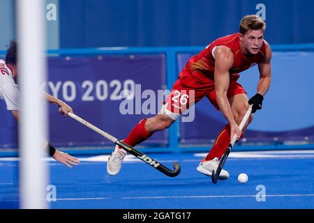 Tokio, Japan. August 2021. TOKIO, JAPAN - 1. AUGUST: Victor Wegnez aus Belgien während des Viertelfinalmatches des Olympischen Eishockeyturniers der Herren in Tokio 2020 zwischen Belgien und Spanien am 1. August 2021 im Oi-Hockey-Stadion in Tokio, Japan (Foto von Pim Waslander/Orange Picics) Credit: Orange Pics BV/Alamy Live News Stockfoto