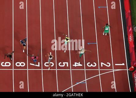Tokio, Japan. August 2021. Die Athleten treten beim 100-Meter-Halbfinale der Männer bei den Olympischen Spielen 2020 in Tokio, Japan, am 1. August 2021 an. Quelle: Zhang Chuanqi/Xinhua/Alamy Live News Stockfoto