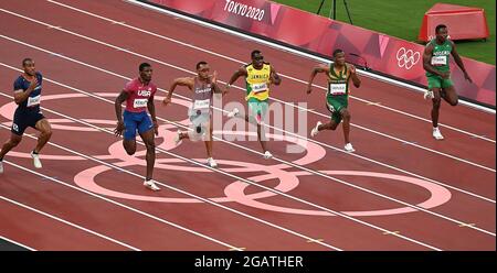 Tokio, Japan. August 2021. Die Athleten treten beim 100-Meter-Halbfinale der Männer bei den Olympischen Spielen 2020 in Tokio, Japan, am 1. August 2021 an. Quelle: Li Yibo/Xinhua/Alamy Live News Stockfoto