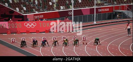Tokio, Japan. August 2021. Die Athleten treten beim 100-Meter-Halbfinale der Männer bei den Olympischen Spielen 2020 in Tokio, Japan, am 1. August 2021 an. Quelle: Li Yibo/Xinhua/Alamy Live News Stockfoto