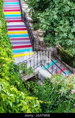 Die schönen Treppen sind in den Regenbogen gemalt, zwischen Pflanzen. Positiver Lebensweg Stockfoto