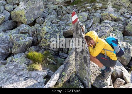 Junge in gelber Jacke versteckt sich vor Wind hinter einem mit österreichischer Flagge bemalten Felsen am Pfringer See, Österreich Stockfoto