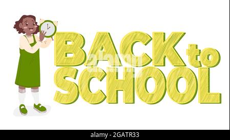 Eine afroamerikanische Schülerin in einer grünen Sundress hält einen Wecker in ihren Händen und Slogan zurück zur Schule. Vektor-Illustration in flachen Cartoon st Stock Vektor