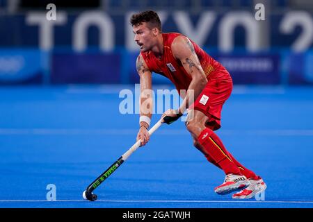 TOKIO, JAPAN - 1. AUGUST: Simon Gougnard aus Belgien beim Viertelfinale des Olympischen Eishockeyturniers der Herren in Tokio 2020 zwischen Belgien und Spanien am 1. August 2021 im Oi-Hockey-Stadion in Tokio, Japan (Foto: Pim Waslander/Orange Picics) Stockfoto