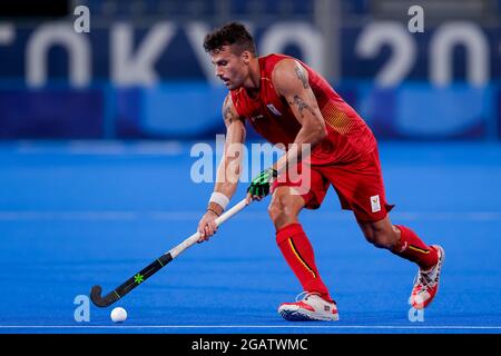 TOKIO, JAPAN - 1. AUGUST: Simon Gougnard aus Belgien beim Viertelfinale des Olympischen Eishockeyturniers der Herren in Tokio 2020 zwischen Belgien und Spanien am 1. August 2021 im Oi-Hockey-Stadion in Tokio, Japan (Foto: Pim Waslander/Orange Picics) Stockfoto