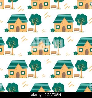 Nahtloses Muster mit niedlichem Landhaus mit Bank und hohem Baum. Bunte Vektor Illustration Cartoon. Landleben. Büsche der Vegetation. Süß Stock Vektor