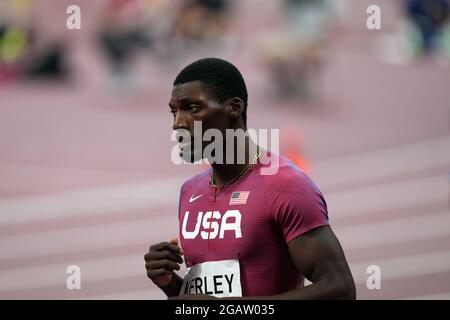 1. August 2021; Olympiastadion, Tokio, Japan: Tag der Olympischen Sommerspiele 9 in Tokio 100; Halbfinale der Herren über 2020 Meter; KERLEY Fred aus den USA gewinnt Stockfoto