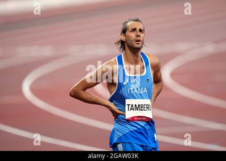 1. August 2021; Olympiastadion, Tokio, Japan: Tag der Olympischen Sommerspiele 9 in Tokio 2020; Finale des Herrenhochsprungs; der italienische Springer TAMBERI Gianmarco tritt ins Stadion ein Stockfoto