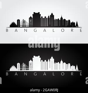 Skyline von Bangalore und Wahrzeichen Silhouette, Schwarz-Weiß-Design, Vektor-Illustration. Stock Vektor