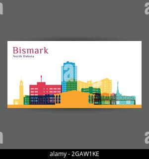 Bismarck Stadtarchitektur Silhouette. Farbenfrohe Skyline. Flaches City-Design. Vector Visitenkarte. Stock Vektor