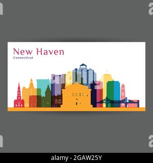 New Haven Stadtarchitektur Silhouette. Farbenfrohe Skyline. Flaches City-Design. Vector Visitenkarte. Stock Vektor