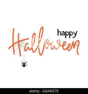 Halloween-Kartendesign. Schriftzug Happy Halloween mit Spinne und Netz. Vektorgrafik. Stock Vektor