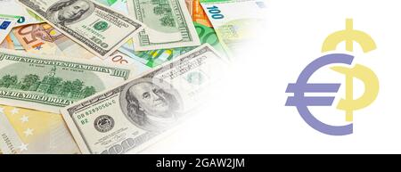 Panorama der Textur US- und Euro-Banknoten Stockfoto
