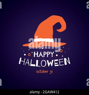 Happy Halloween Grußkarte mit Hexenhut und Text. Vektorgrafik. Stock Vektor
