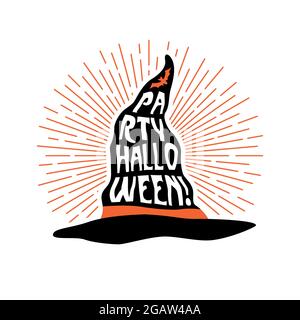Hexenhut mit Schriftzug Party Halloween. Flyer-Design. Vektorgrafik. Stock Vektor