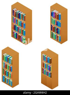 Bücherregal aus Holz mit Büchern isoliert auf Weiß. Bücherregale für die Bibliothek mit bunten Büchern. Isometrische Vektordarstellung. Stock Vektor